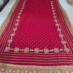 Sheer Traditional Indian Saree Sari Red & Gold Tones Sequins Rhinestones